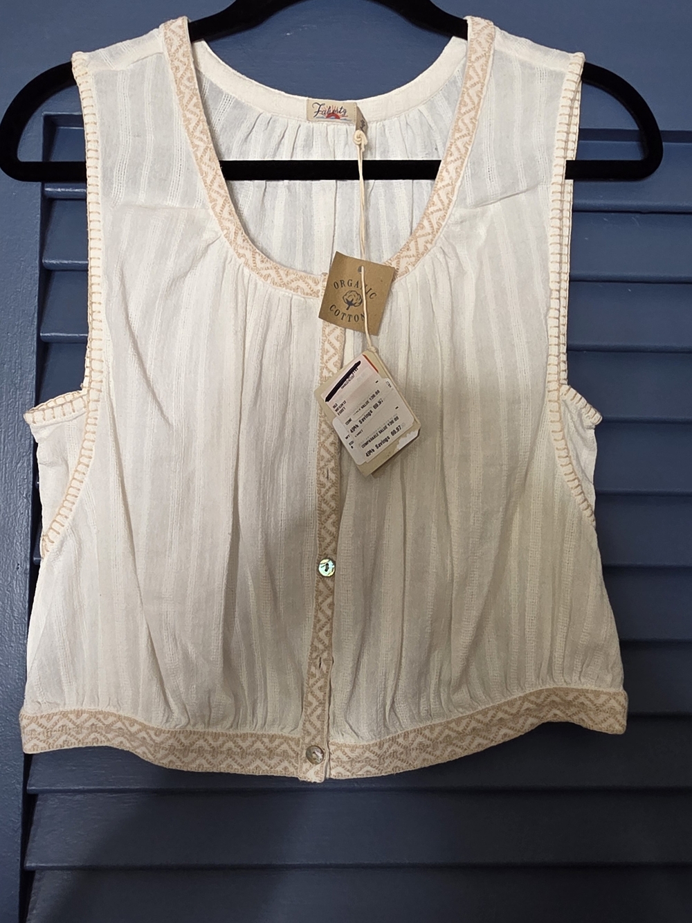 Faherty Cream Embroidered Organic Cotton Sleeveless Crop Top